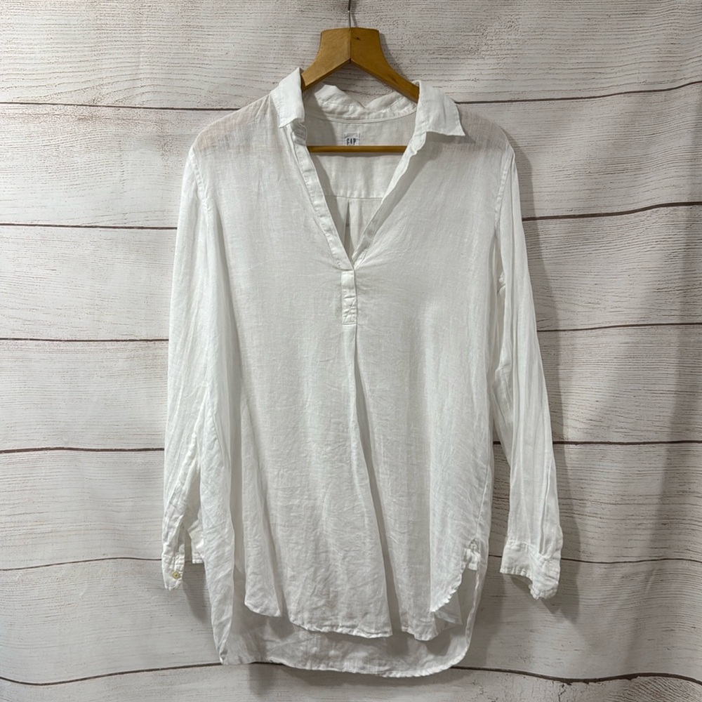 Women's white 100% linen long sleeve button tunic dress swim cover up Medium